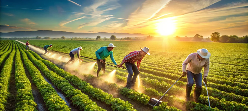 Innovative farming under the golden sunrise, advancing modern agriculture with care.